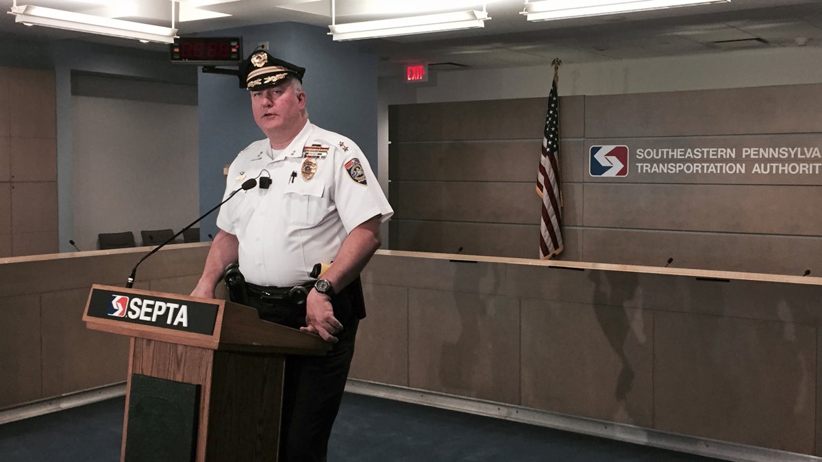 SEPTA Chief of Police Tom Nestel held a press conference Monday at SEPTA Headquarters to discuss steps SEPTA takes to prevent objects from being thrown at trains. (Steve Trader/WHYY)