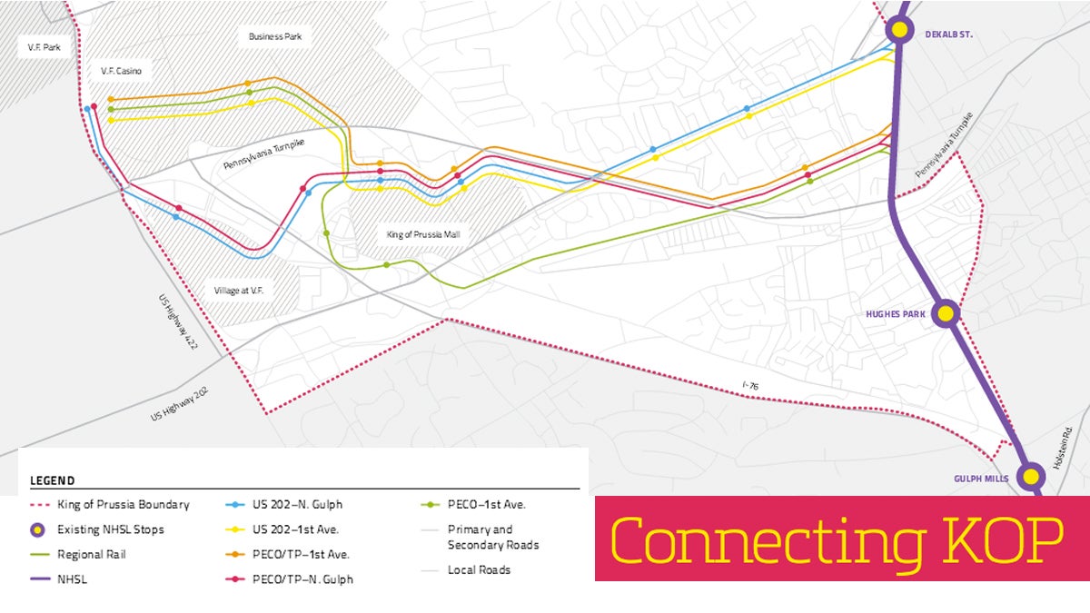  There are five possible routes for the proposed extension of the Norristown High Speed Line from 69th Street Station and the Norristown Transportation Center to King of Prussia. (Connecting KOP/The Economy League) 