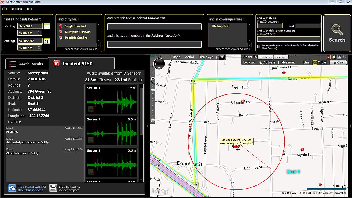  This image shows the screen an officer would see in their cruiser while using the new ShotSpotter technology. (Image courtesy of ShotSpotter) 