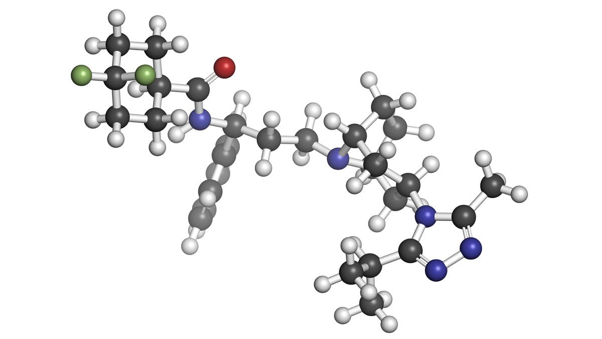  The structure of maraviroc, an HIV drug Jefferson scientists have found works in mice to prevent the spread of prostate cancer.(<a href=