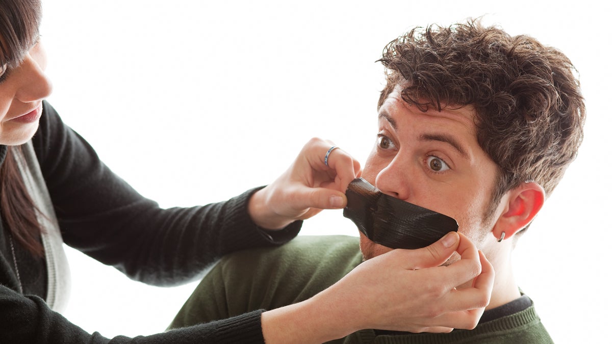  (<a href='http://www.shutterstock.com/pic-28841951/stock-photo-girl-sticking-a-piece-of-gaffer-tape-on-young-man-s-mouth.html'>Duct tape on mouth image</a> courtesy of Shutterstock.com) 