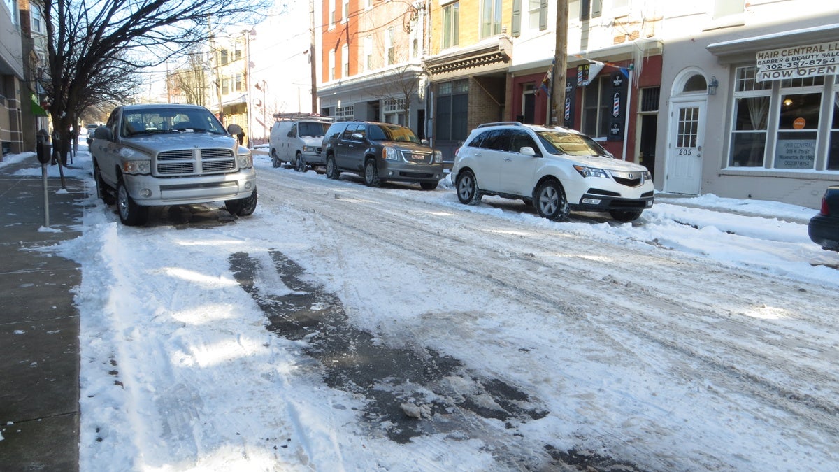 Snow and ice cover a side street in downtown Wilmington Thursday morning (Shana O'Malley/for NewsWorks) 