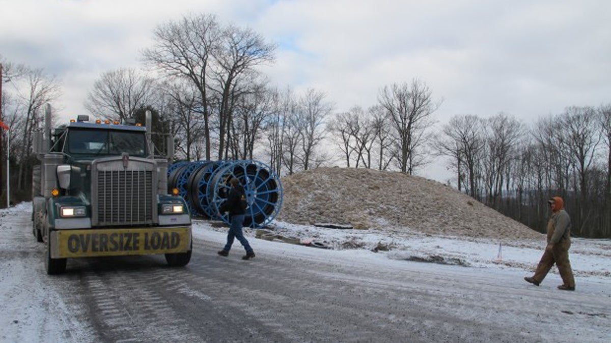  An oversize truck load of natural gas equipment moves slowly along an icy mountain road in the Tiadaghton state forest(Marie Cusick/ StateImpact Pennsylvania) 