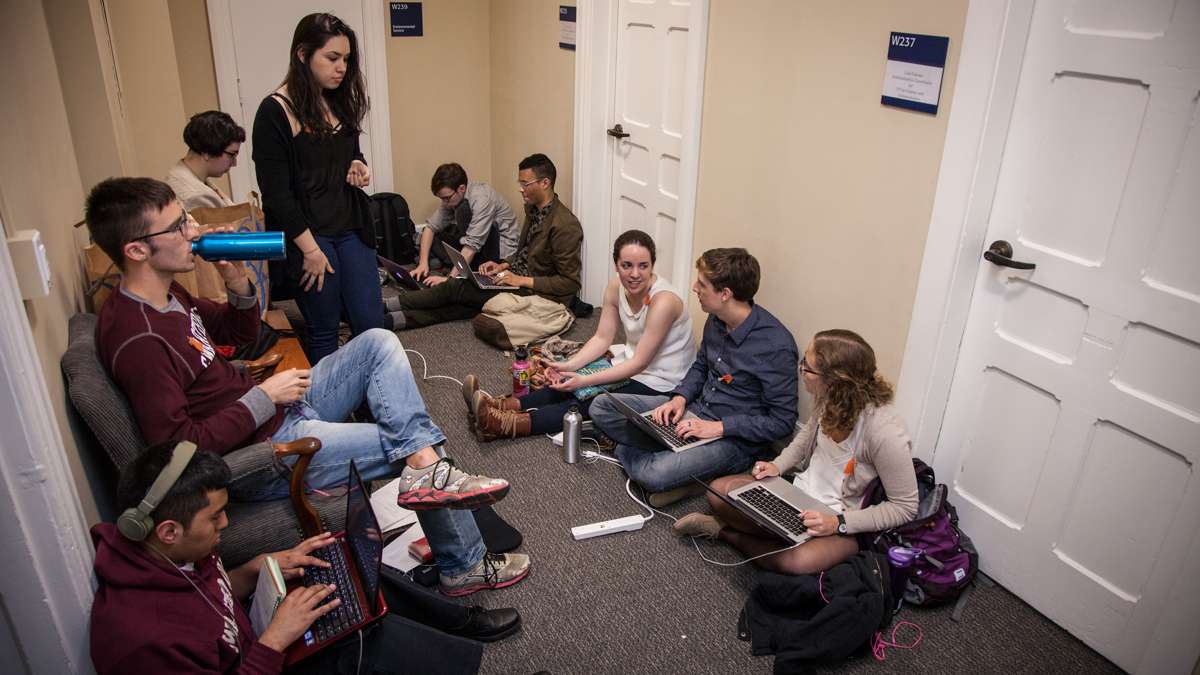 Students gather outside of the administration offices. As of 1 p.m. no administrators had approached the students to start a dialogue. (Emily Cohen/For Newsworks)
