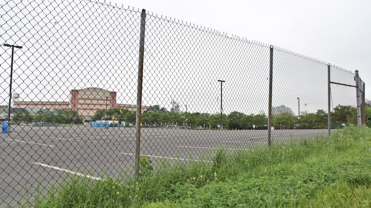  The site of the new Sixers practice stadium is located on the southeast corner of Martin Luther King Blvd. and Delaware Ave. in Camden, between the Susquehanna Bank Center and the Adventure Aquarium. (Kimberly Paynter/WHYY) 