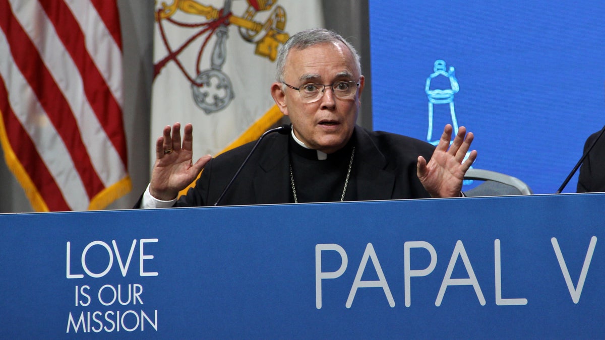  Philadelphia Archbishop Charles Chaput reacts to questions about those sexually abused by clergy over the years during a press conference intended to celebrate the success of the papal visit. (Emma Lee/WHYY) 