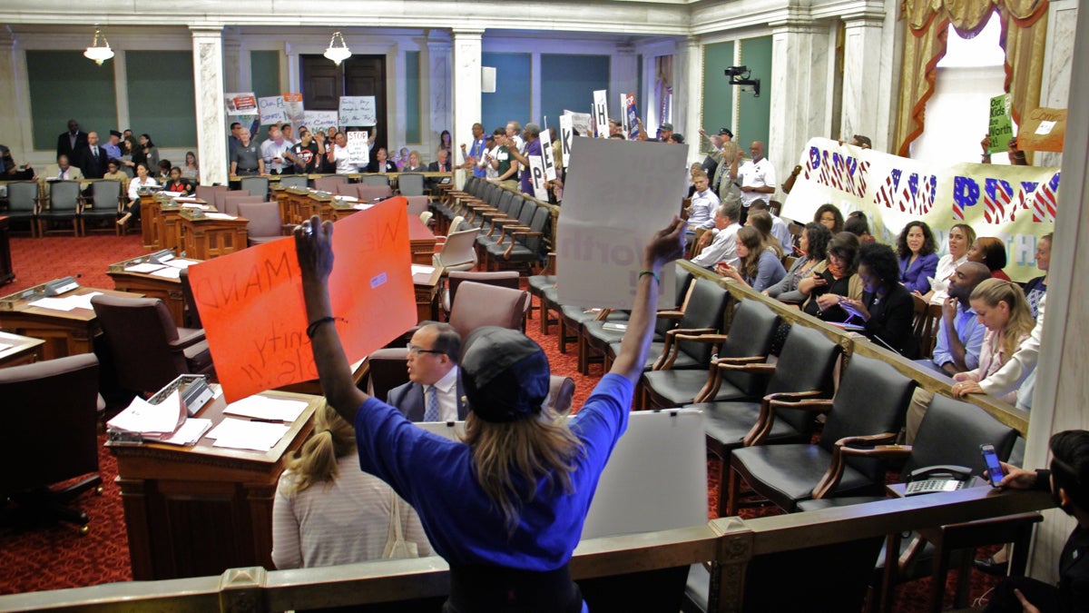 City Council chambers filled with protesters prior to a vote Wednesday night on the controversial sugary drinks tax. (Emma Lee/WHYY)