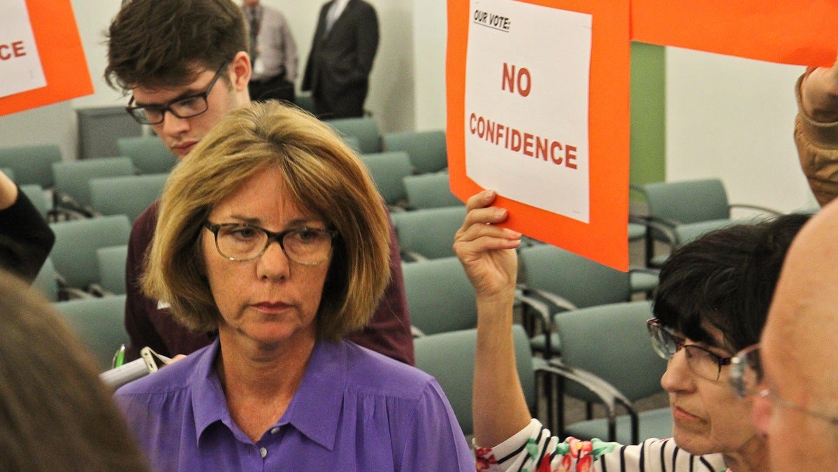 Retired teacher Lisa Haver denounced the SRC decision to restructure teacher health benefits without first receiving public input. (Kimberly Paynter/WHYY)