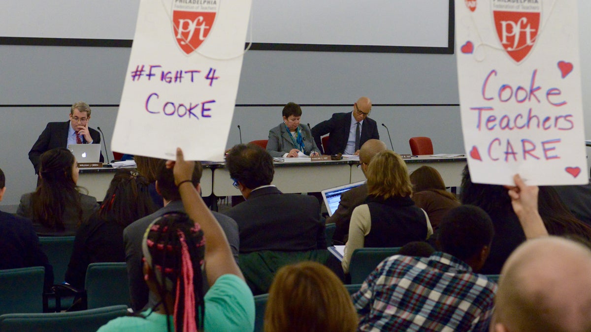  Demonstrators representing Cooke Elementary School are shown at the Jan. 21 SRC meeting. (Bas Slabbers/for NewsWorks) 