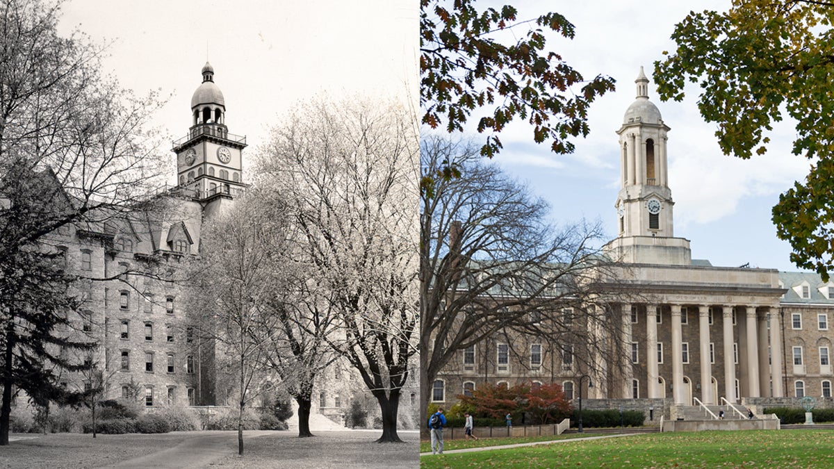  Old Main at Penn State University Park campus circa 1912 and 2014.   