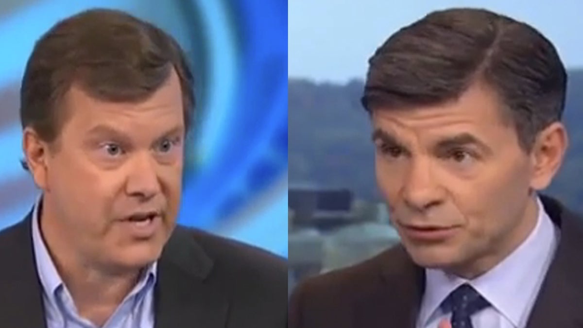  Peter Schweizer (left) appears on ABC's This Week with George Stephanopoulos to discuss 'Clinton Cash'(Electronic image via youtube.com) 