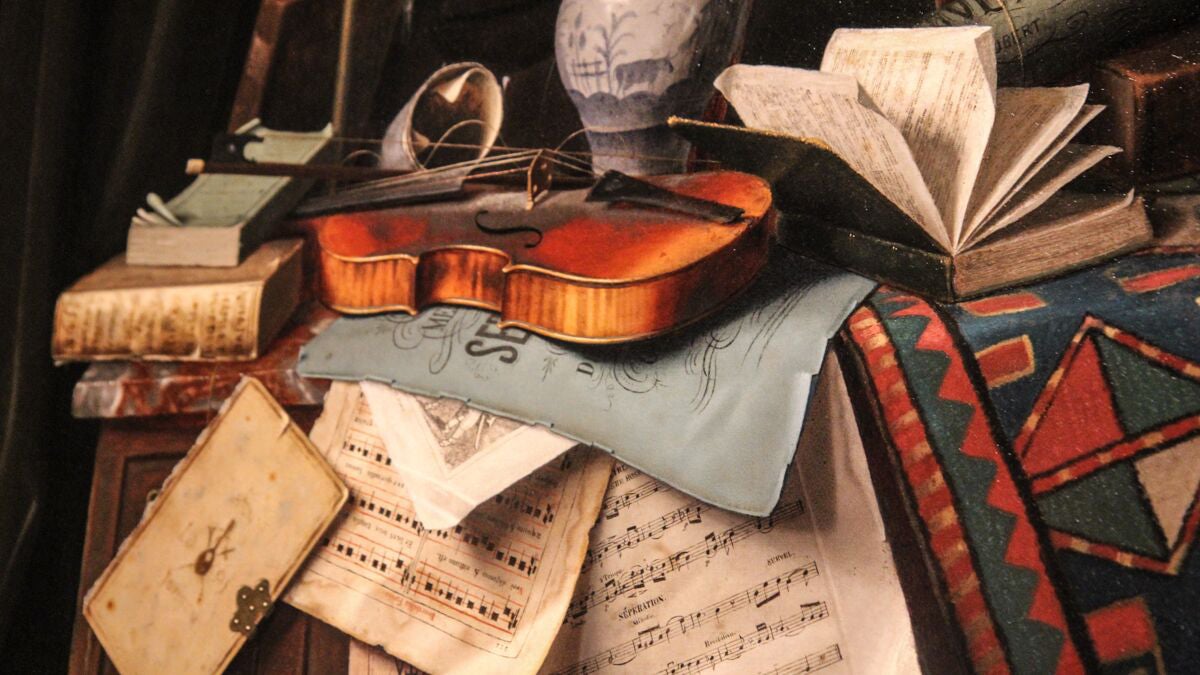  Music, by William Michael Harnett, 1886, is part of the Philadelphia Museum of Art’s new exhibit Audubon to Warhol: The Art of American Still Life. (Kimberly Paynter/WHYY) 