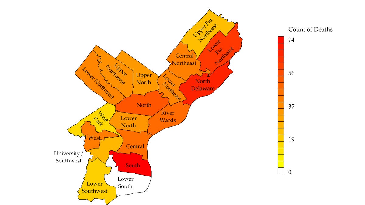 A map of suicide deaths by Philadelphia planning district between 2007 and 2011. (Image courtesy of Pennsylvania Department of Health)