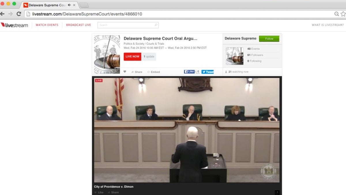 Screenshot shows the live online video broadcast of oral arguments at the Delaware Supreme Court.
