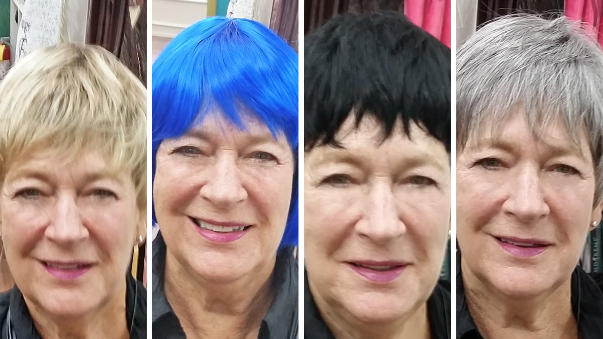 The author is shown with various options at Lois Arnold's wig shop on S. 4th Street in Philadelphia. (Susan Perloff