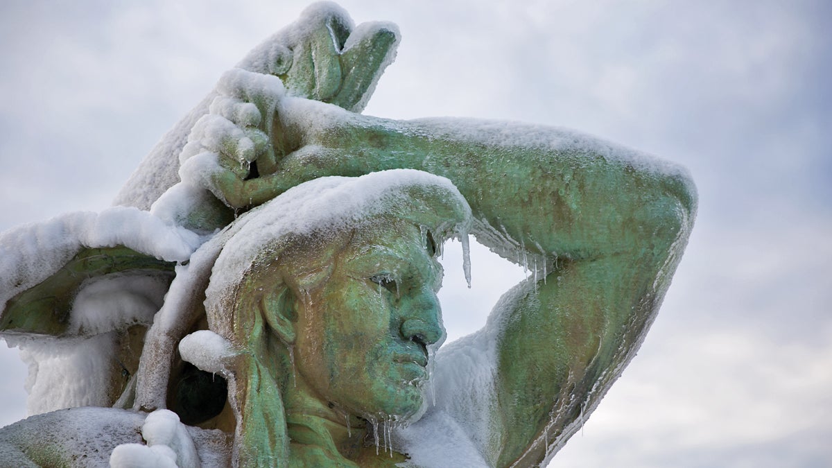  Icicles form on the Swann Memorial Fountain at Logan Circle in Philadelphia, Monday, November 25, 2013.  (Lindsay Lazarski/WHYY)  