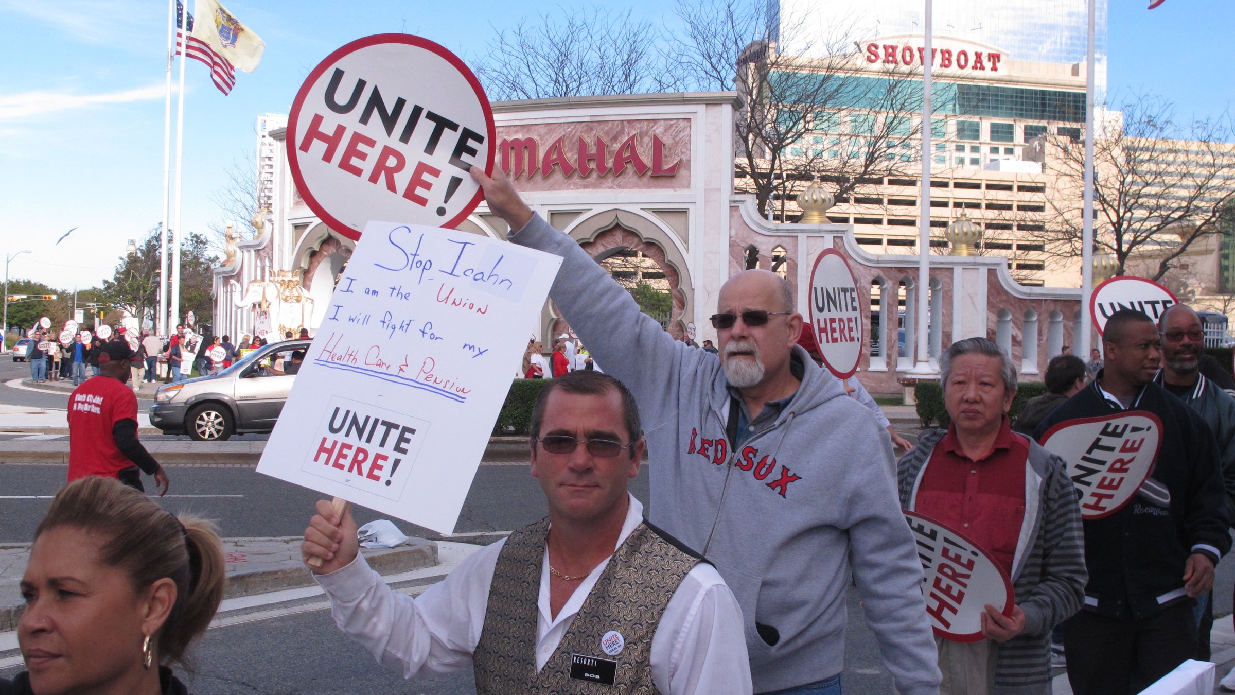  In this file photo taken Oct. 24, Casino union workers demonstrate outside the Trump Taj Mahal Casino Resort in Atlantic City. Workers again took to the streets Monday to call on the mayor to take measures to keep the casino open. (AP Photo/Wayne Parry) 
