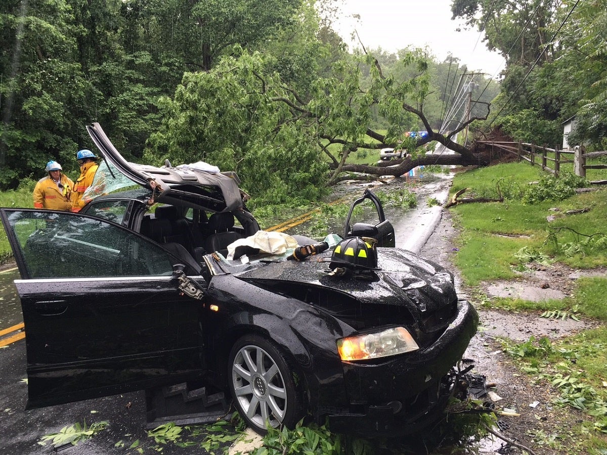 Lunchtime storm causes accident on Thompson Bridge Road. (John Jankowski/for NewsWorks)