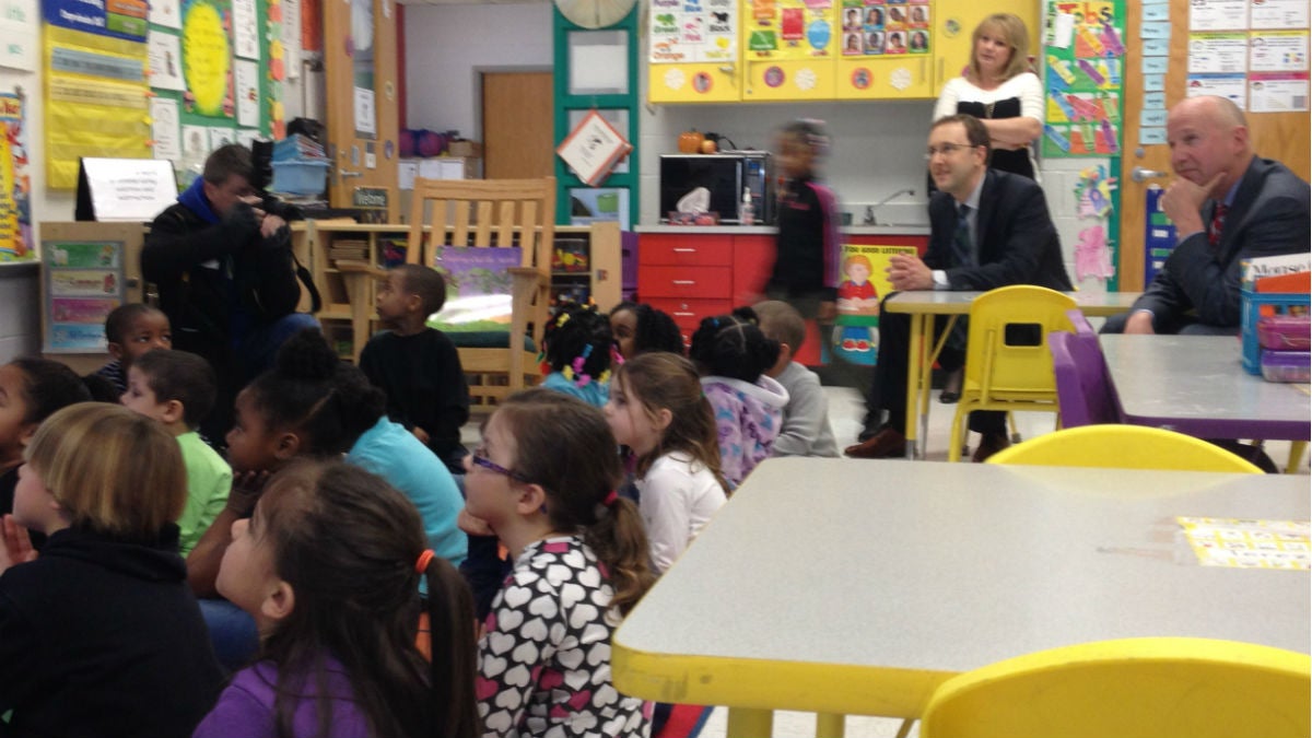 Governor Jack Markell (far right) and Secretary of Education Mark Murphy (second from right) enjoy a kindergarten math lesson at North Dover Elementary School. (Avi Wolfman-Arent, Newsworks/WHYY) 