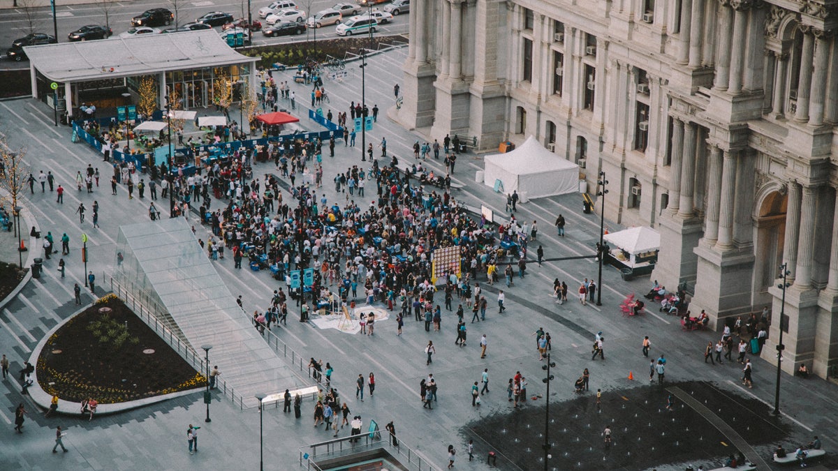 A crowd is shown gathering in Dilworth Park for the 2015 Philly Tech Week opening party. (Technically Media)