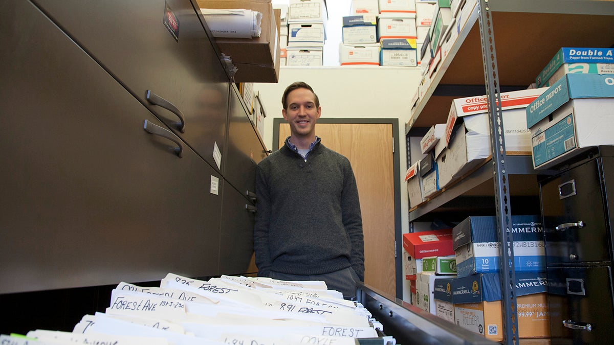  Tech in GovKyle Thauvette, West Homestead Borough manager, in what used to be the break room. The room is now used to store paper files, many of them used on a daily basis. A University of Pittsburgh class is helping the borough digitize some of its records. (Irina Zhorov/Keystone Crossroads)  