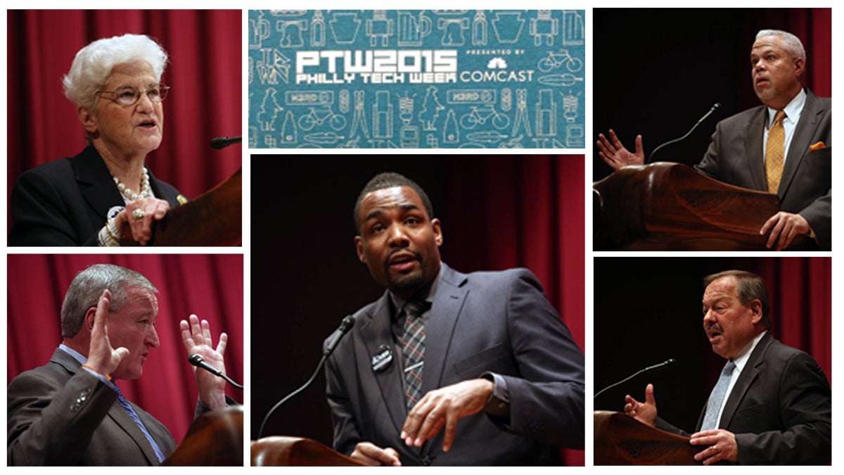  Pictured counterclockwise are Philadelphia mayoral candidates Lynne Abraham, Jim Kenney, Doug Oliver, Nelson Diaz, and Senator Anthony Hardy Williams, speaking at a Philly Tech Week Event held Monday at the Free Library of Philadelphia (Stephanie Aaronson/The Next Mayor) 