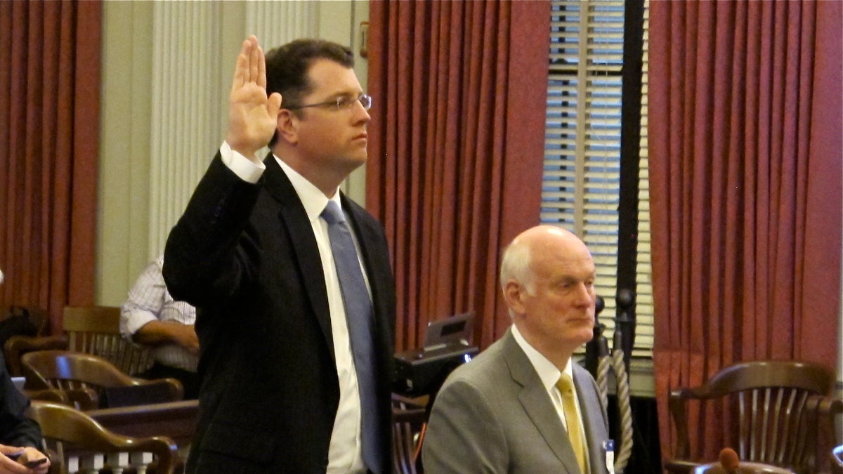  Gov. Chris Christie's chief of staff Kevin O'Dowd is sworn in before testifying before the  New Jersey Select Committee on Investigation. (Phil Gregory/WHYY) 