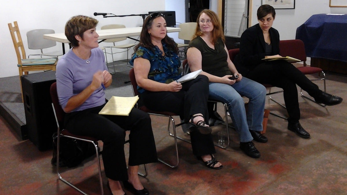  (L to R) Helen Casale, Tiffany Palmer, Mary Catherine Roper and Barrett Marshall speak on Sunday night's panel on same-sex marriage at Mt. Airy Art Garage. (Alaina Mabaso/for NewsWorks) 