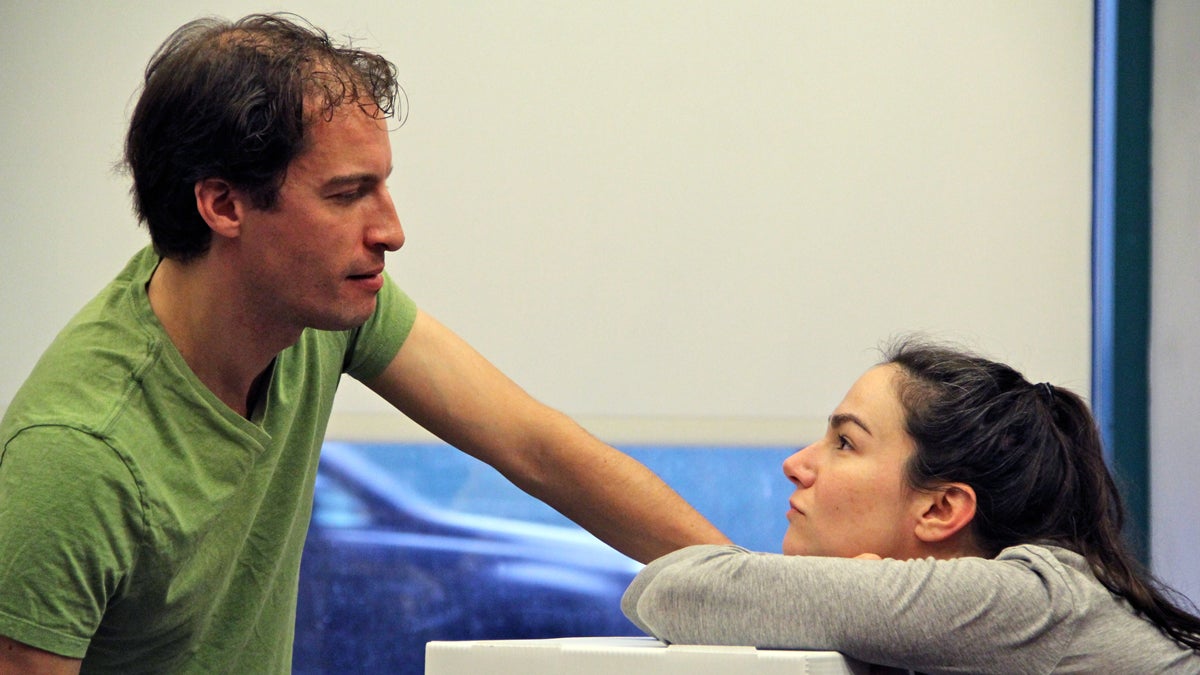 Sarah Gliko and Ross Beschler rehearse their roles as Hillary and Spike in a Wilma Theater production of Tom Stoppard's The Hard Problem
