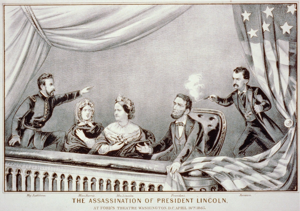 Lithograph of the Assassination of Abraham Lincoln. From left to right: Henry Rathbone