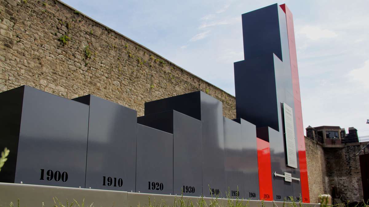  A permanent art installation in the prison yard at Eastern State Penitentiary illustrates the soaring U.S. incarceration rates since 1900. (Emma Lee/WHYY) 