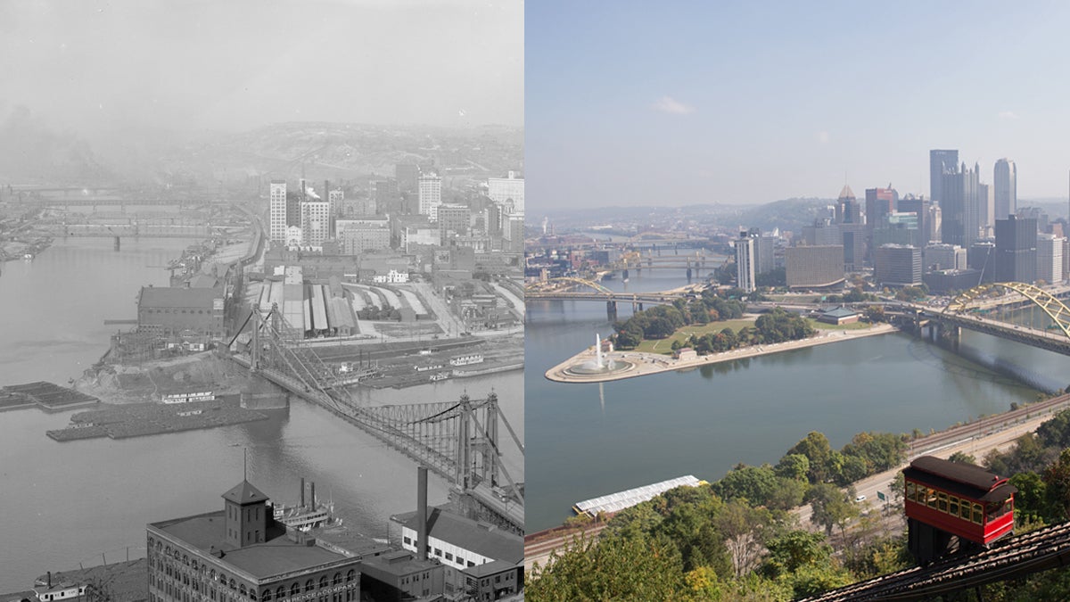  The Point in Pittsburgh, Pa. seen from Mount Washington where the confluence of the Allegheny and Monongahela rivers join to form the Ohio River circa 1900- 1915 (left) and in 2014 (right). 