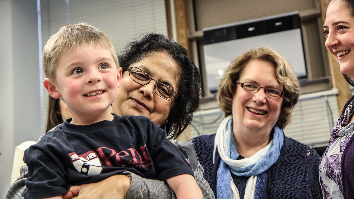  Arupa Ganguly, Ph.D., tells Callum how grateful she is for his family's donation. (Kimberly Paynter/WHYY) 