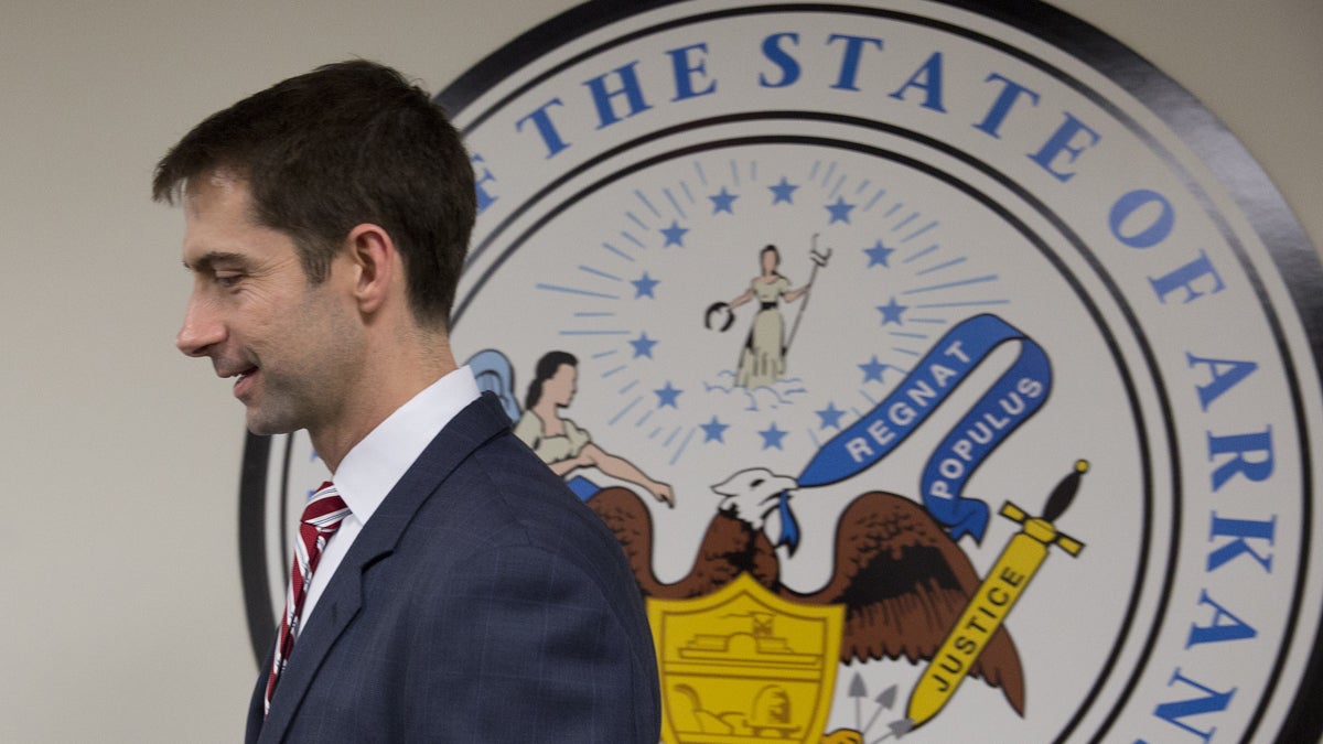  Sen. Tom Cotton, R-Ark. leaves posing for photographers in his office on Capitol Hill in Washington, Wednesday, March 11, 2015. (AP Photo/Carolyn Kaster) 