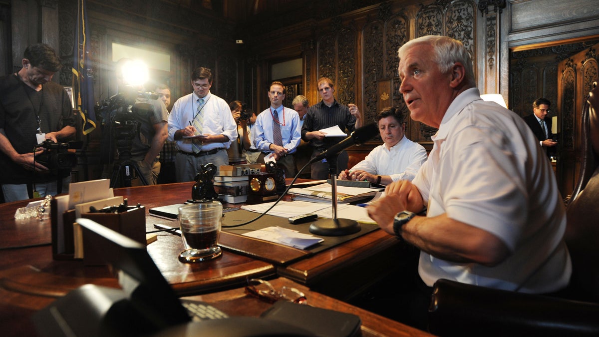  Pennsylvania Gov. Tom Corbett, right, along with Lt. Gov. Jim Cawley, center, hold a news conference in his chambers Sunday, June 29, 2014, in Harrisburg, Pa. (AP Photo/Bradley C Bower) 