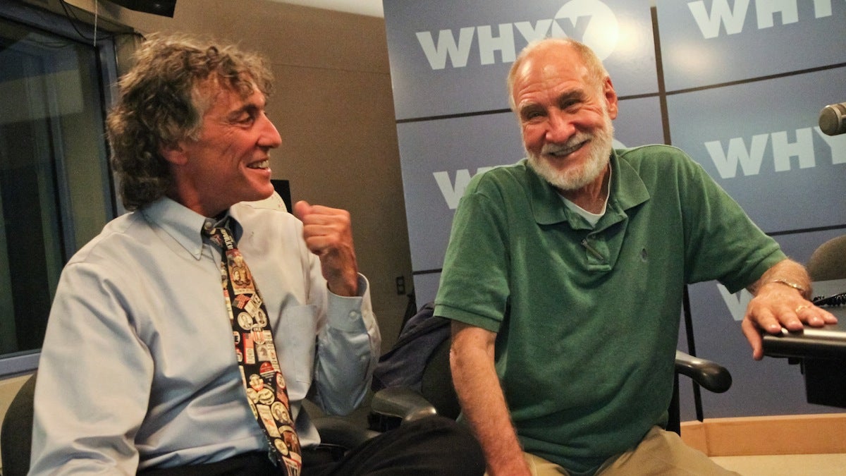  Tony Auth, right, with NewsWorks Tonight Host Dave Heller. (Kim Paynter/WHYY) 