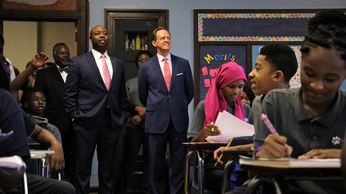 U.S. Sen. Pat Toomey (center) visits Belmont Charter School in West Philadelphia. (Emma Lee/WHYY)