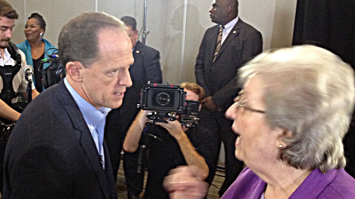  U.S.Sen. Pat Toomey chats with Republican state commiteewoman Kathy Kelly at his re-election announcement in King of Prussia. (Newsworks photo/Dave Davies) 