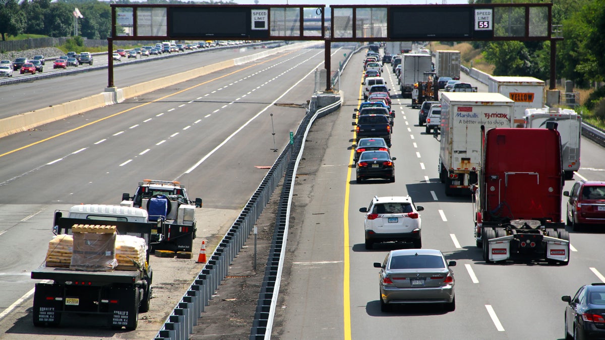  The recently completed turnpike widening program added 35 miles of truck lanes from Exit 6 where it meets the Pennsylvania Turnpike to Exit 9 near New Brunswick. (Emma Lee/WHYY) 