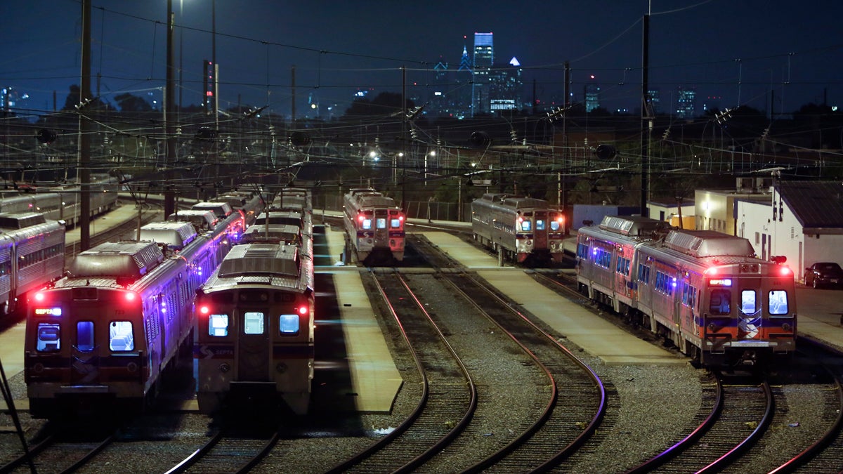 Market-Frankford line trains sit idle at a SEPTA station in Upper Darby, Pa., during a 2009 strike by Transport Workers Union Local 234. (AP Photo/Jacqueline Larma, file) 