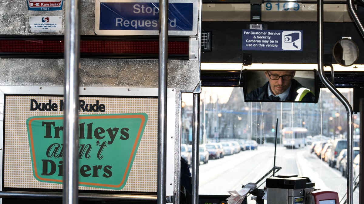  Mike Fuller offers similes, rhymes, and jokes over the public address system of his SEPTA trolley. While Fuller mostly drives the 36, you can also occasionally find him on the 34 and the 13. (Alex Stern/for WHYY) 