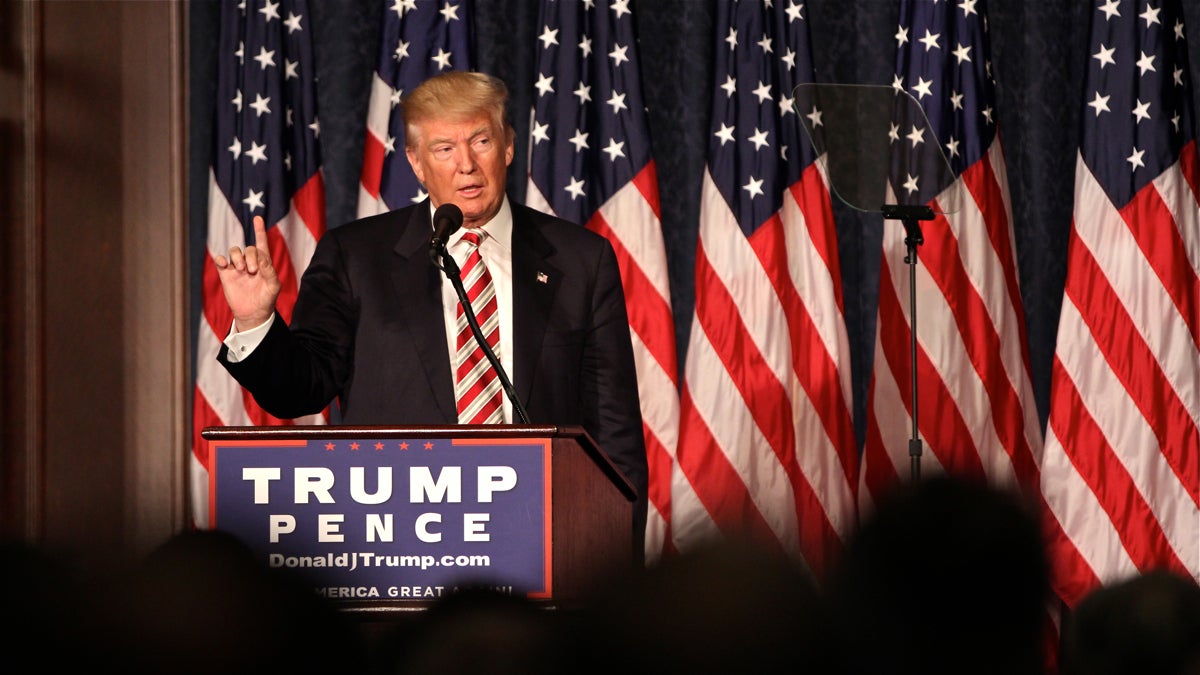 Republican presidential candidate Donald Trump speaks to a select crowd at the Union League in Philadelphia. (Emma Lee/WHYY)