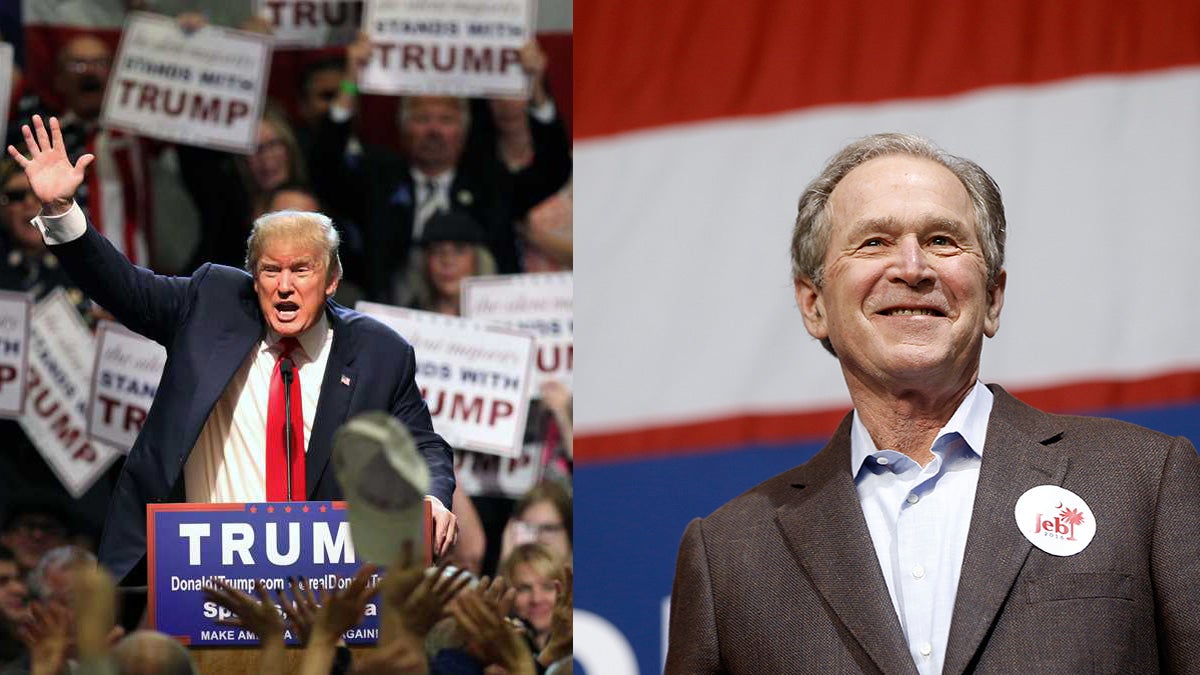  Left: Donald Trump speaks during a rally at the Nugget Convention Center in Sparks, Nev. (AP Photo/Lance Iversen) | Right: Former President George W. Bush campaigns for his brother Monday, Feb. 15, 2016, in North Charleston, S.C. (AP Photo/Matt Rourke) 