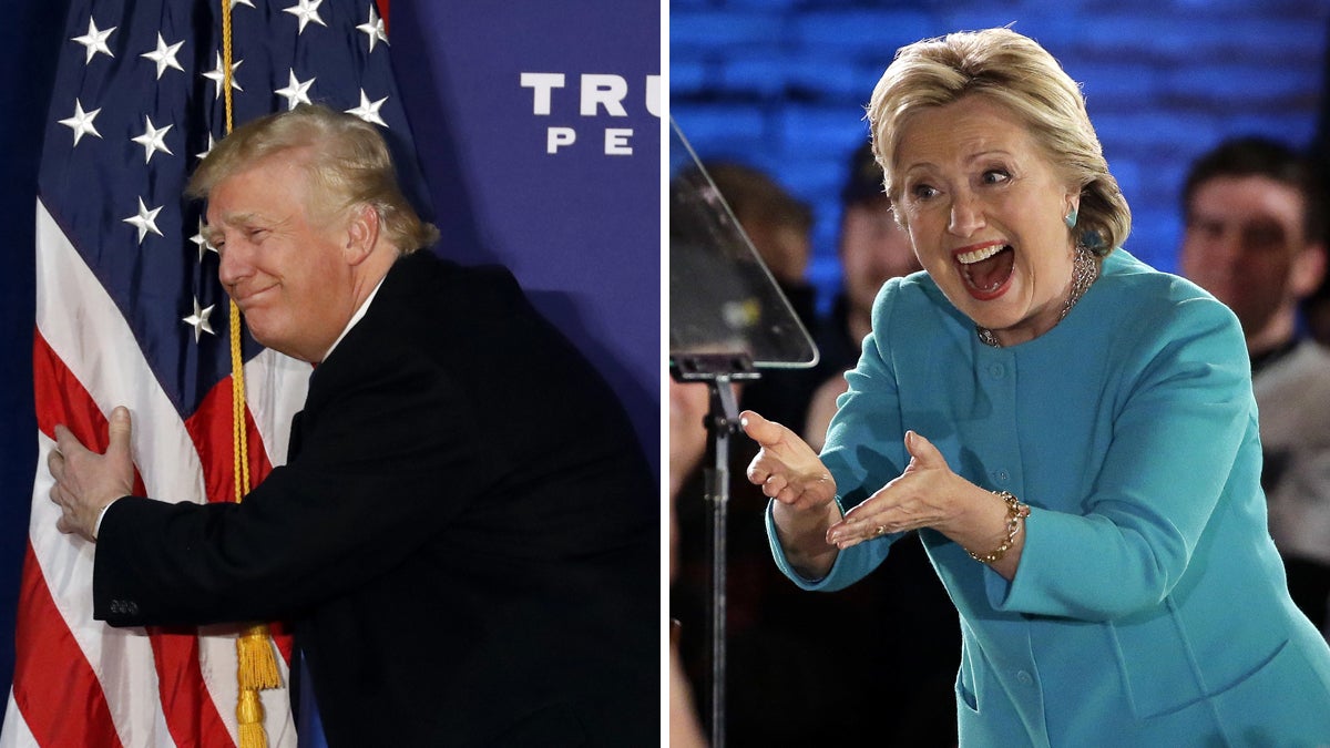 Left: Republican presidential candidate Donald Trump hugs the American flag after speaking at a rally on Monday in Virginia. (AP Photo/Alex Brandon) Right: Democratic presidential candidate Hillary Clinton gestures as she takes the stage during a campaign rally on Sunday in New Hampshire. (AP Photo/Steven Senne)