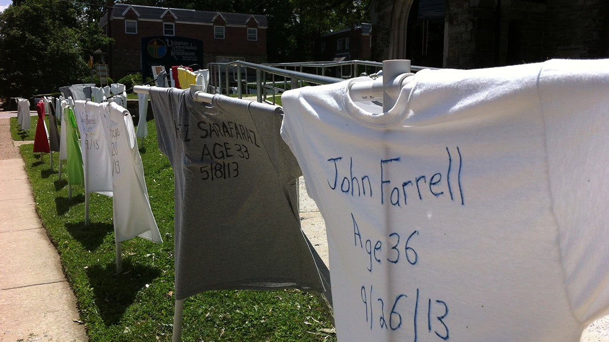  The T-shirt Memorial lists the names of the 201 people killed by guns in Philadelphia in 2013 at the Unitarian Universalist Church of the Restoration in Mt. Airy (Solomon Jones/ for NewsWorks) 
