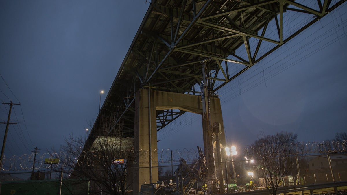 Engineers work to repair a fracture on the Delaware River Bridge in Bristol