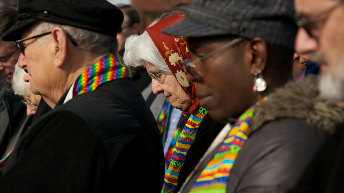  Protesters gather in front of the Eastern Pennsylania’s conference of the United Methodist Church to pray, bring awareness to, and equality within the church. (Nathaniel Hamilton/for NewsWorks) 