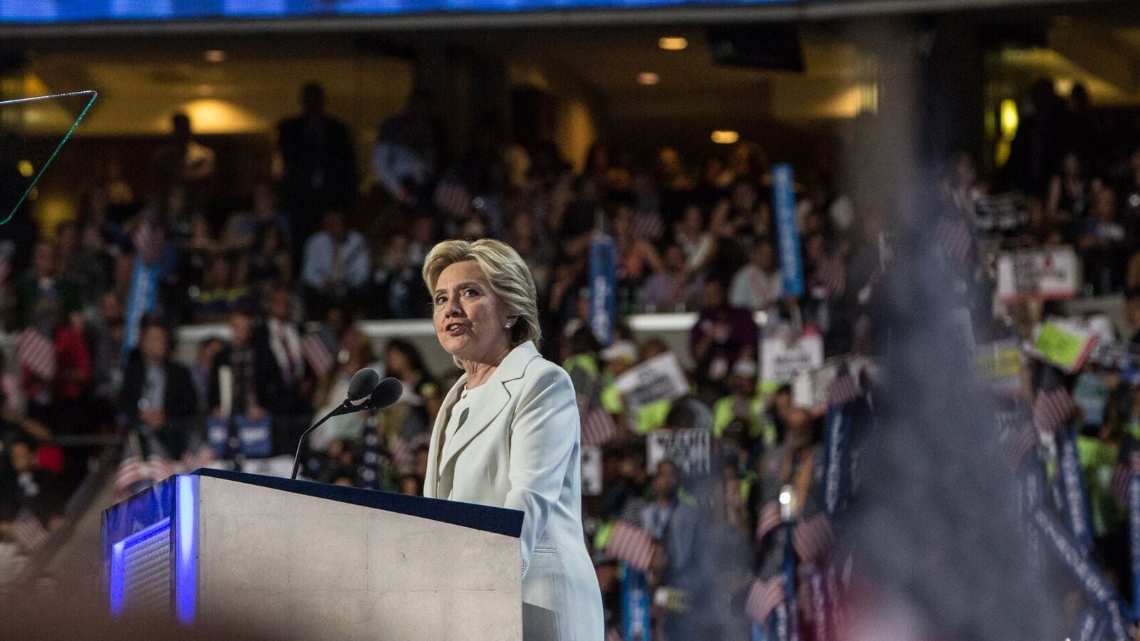 Hillary Cllinton speaks on Thursday night at the Democratic National Convention in Philadelphia. (Kimberly Paynter/WHYY)