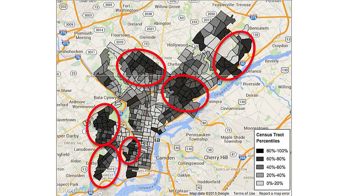  A new University of Pennsylvania study has identified the six areas of Philadelphia with the lowest levels of geographic access to primary care providers. The study focused only on geographic location data rather then outcomes and other health measures that are likely to be targeted in the future. The project was commissioned by the Philadelphia Department of Health and funded by the locally headquartered Independence Foundation. (Map image courtesy of the University of Pennsylvania) 