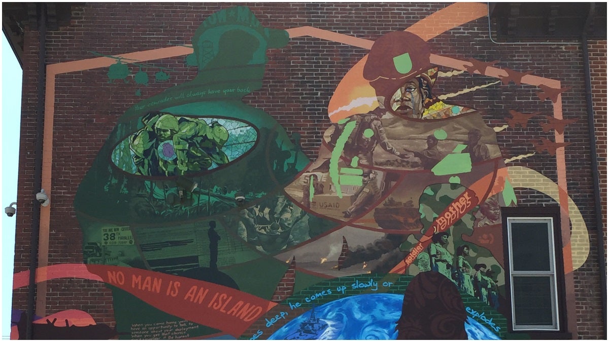 Top half of Veterans Freedom Mural on north wall of Marcella's House at 9th & Washington Sts.(Paul Parmelee/WHYY)